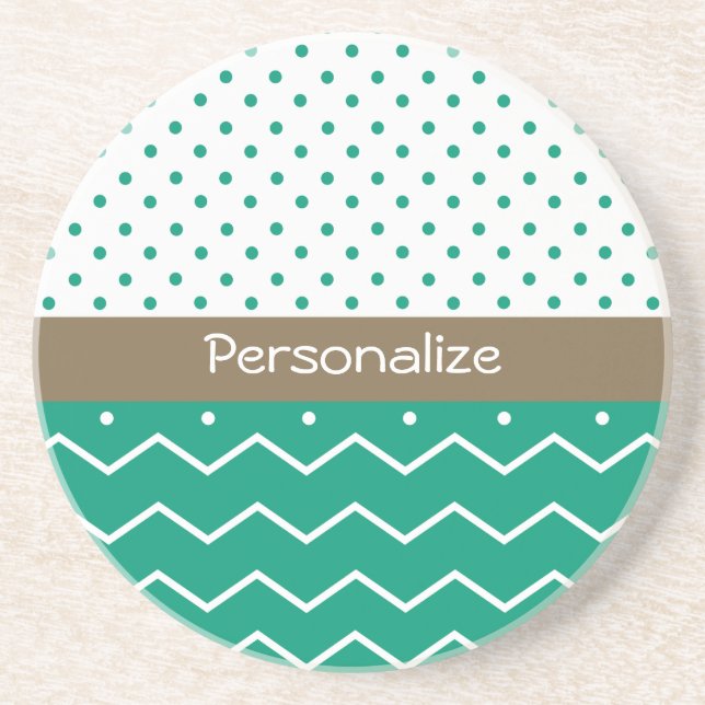 Stylish Emerald Green and White Chevron Polka Dots Sandstone Coaster (Front)