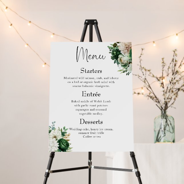 Stylish Emerald Green Floral Wedding Dinner Menu  Foam Board (In Situ (Stand))