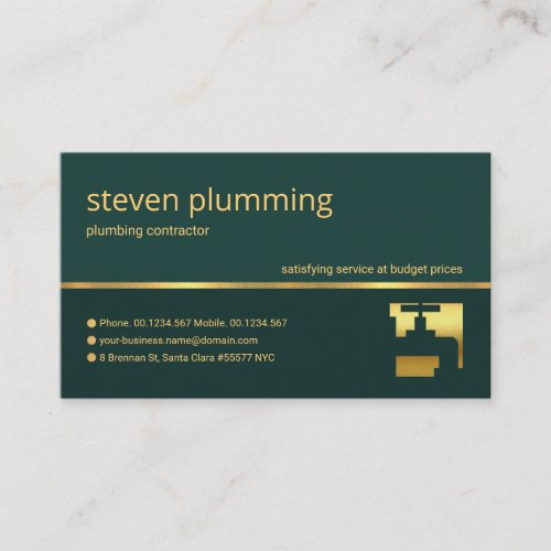 Stylish Emerald Green Gold Line Faucet Plumbing Business Card