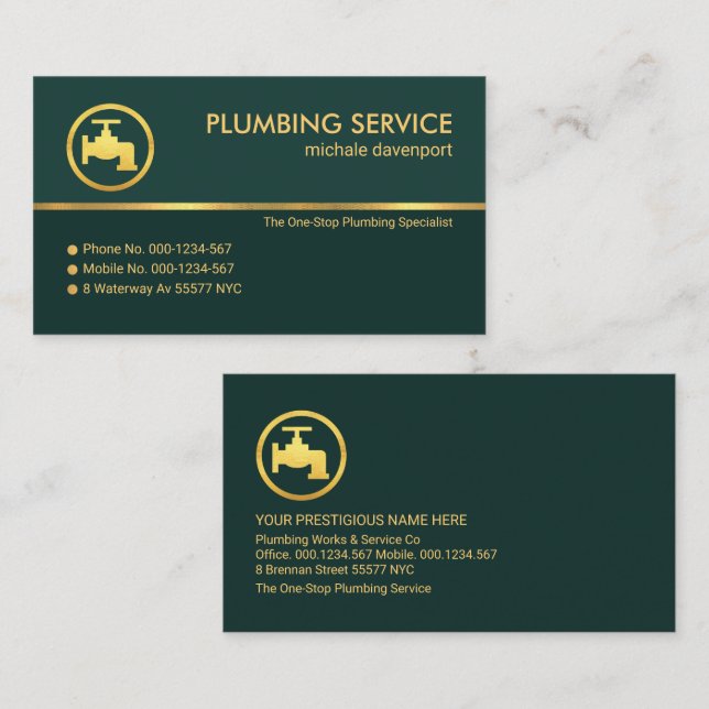 Stylish Emerald Green Gold Line Faucet Plumbing Business Card (Front/Back)
