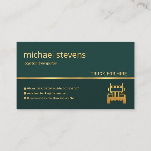 Stylish Emerald Green Gold Line Logistics Driver Business Card