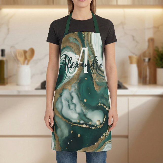 Stylish Emerald Green Gold Marble Agate Monogram Apron (Creator Uploaded)