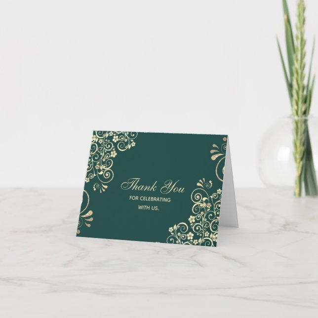 Stylish Emerald Green Gold Swirl Wedding Thank You (Front)