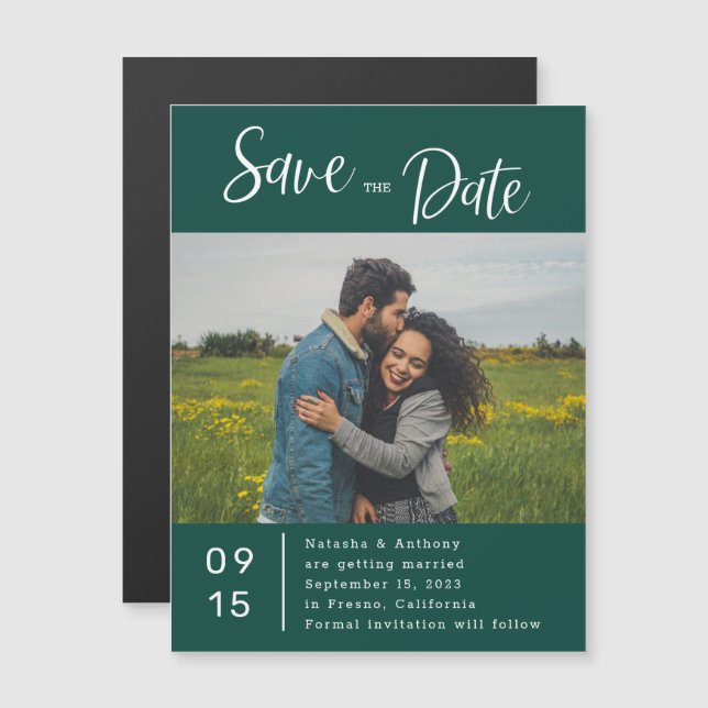 Stylish Emerald Green Photo Wedding Save The Date Magnetic Invitation (Front/Back)