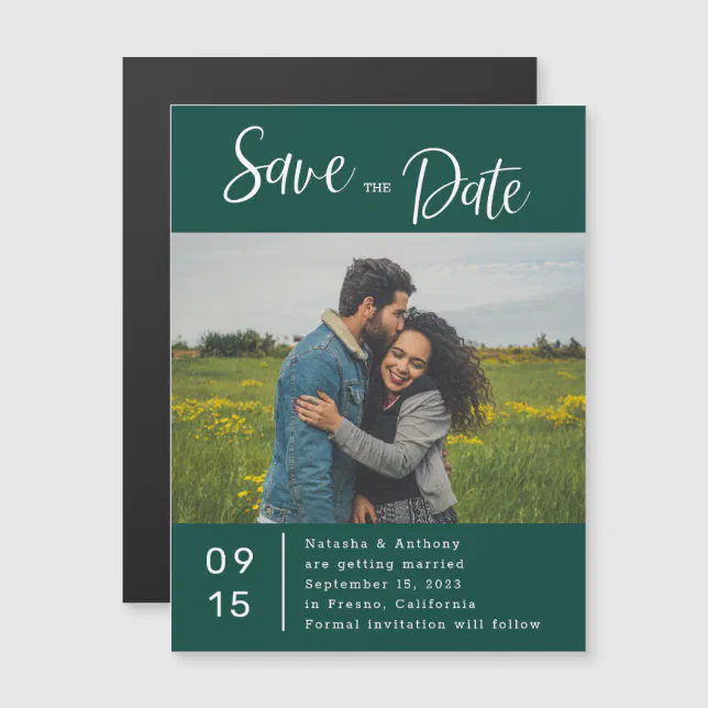 Stylish Emerald Green Photo Wedding Save The Date Magnetic Invitation ...