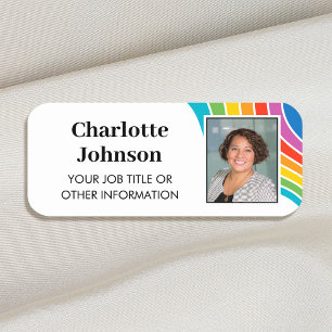 Stylish Employee Photo ID Rainbow Wave Custom Name Tag