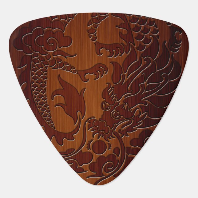 Stylish Engraved Dragon Tattoo in wood Look Guitar Pick (Front)