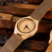 Stylish Engraved Leather and Bamboo Wooden Watch (Front)