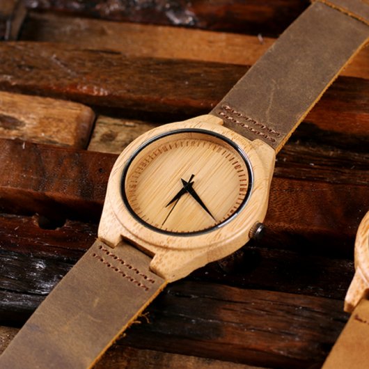 Stylish Engraved Leather and Bamboo Wooden Watch (Front)