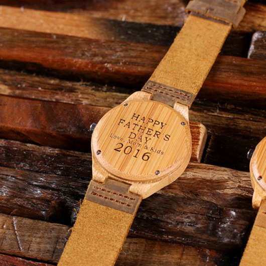 Stylish Engraved Leather and Bamboo Wooden Watch (Back)