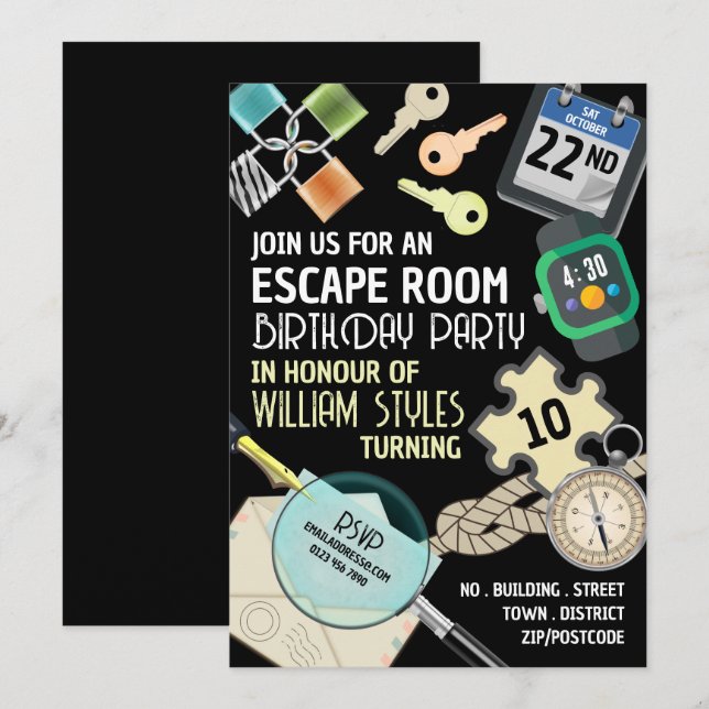 Stylish Escape Room, Birthday Party Invitation (Front/Back)