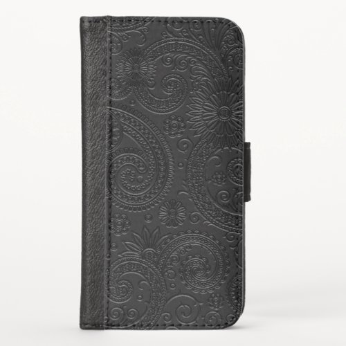 Stylish Etched Modern Black Paisley Floral Pattern iPhone X Wallet Case