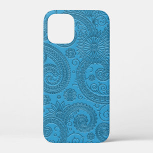 Stylish Etched Modern Blue Paisley Floral Pattern iPhone 12 Mini Case