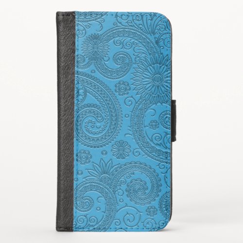 Stylish Etched Modern Blue Paisley Floral Pattern iPhone X Wallet Case