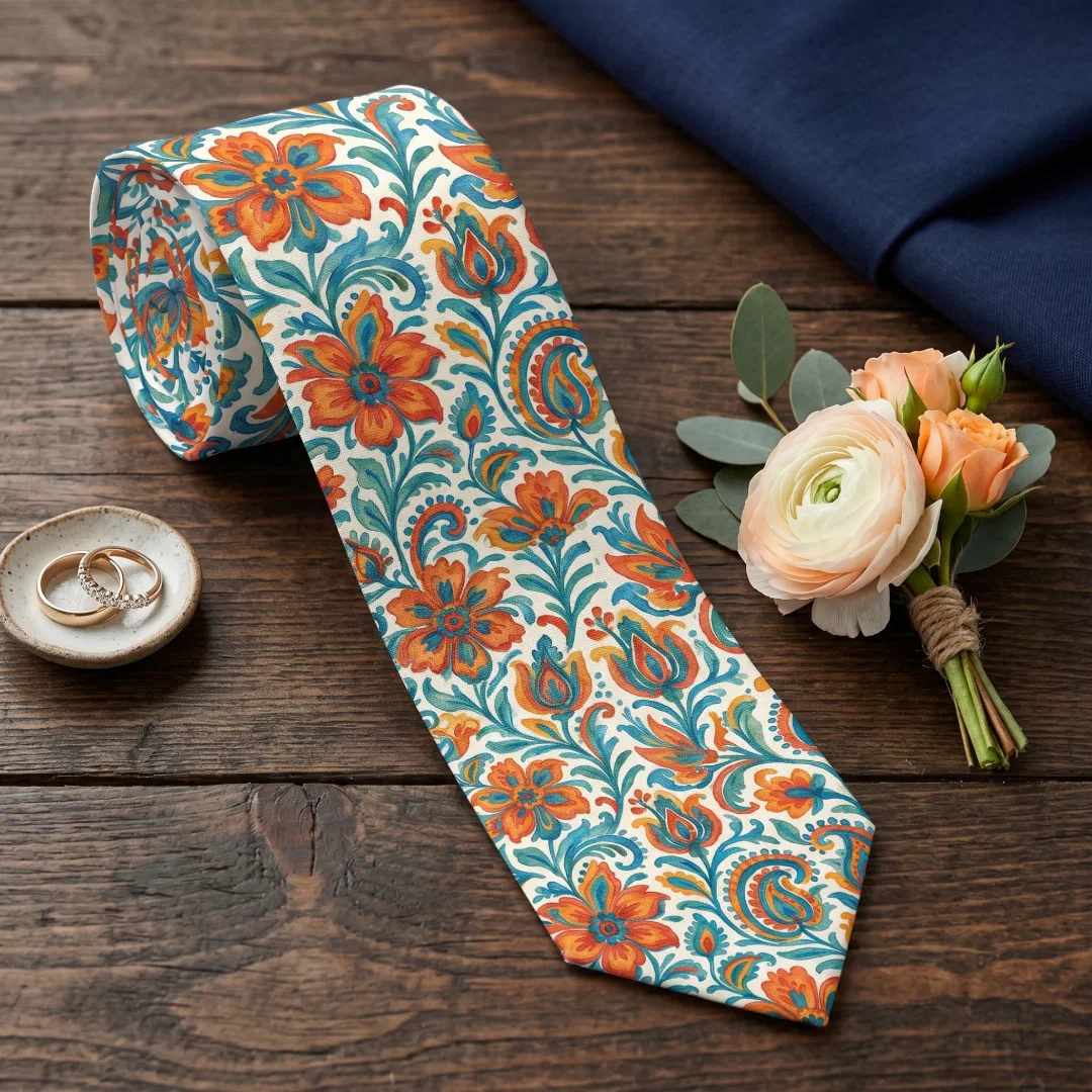 A retro paisley floral neck tie in orange and teal, laid on a rustic wooden table beside wedding rings in a ceramic dish and a peach rose boutonniere.