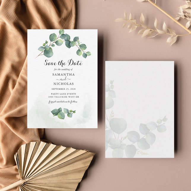 Stylish Eucalyptus Floral Save The Date Note Card (Creator Uploaded)