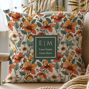 Stylish Fall Flowers Sage Olive Copper Terracotta Throw Pillow