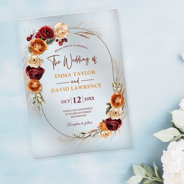Stylish fall orange rust terracotta floral wedding acrylic invitations (Creator Uploaded)