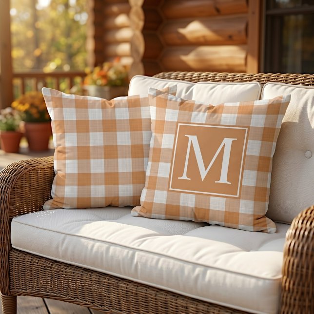 Stylish Fall Pumpkin Orange Gingham Pattern Outdoor Pillow (Creator Uploaded)