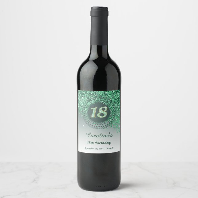 Stylish Falling Green Glitter 18th Birthday Wine Label (Front)