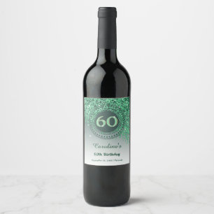 Stylish Falling Green Glitter 60th Birthday Wine Label