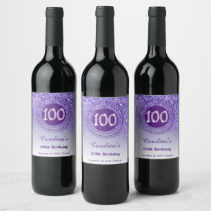 Stylish Falling Purple Glitter 100th Birthday Wine Label