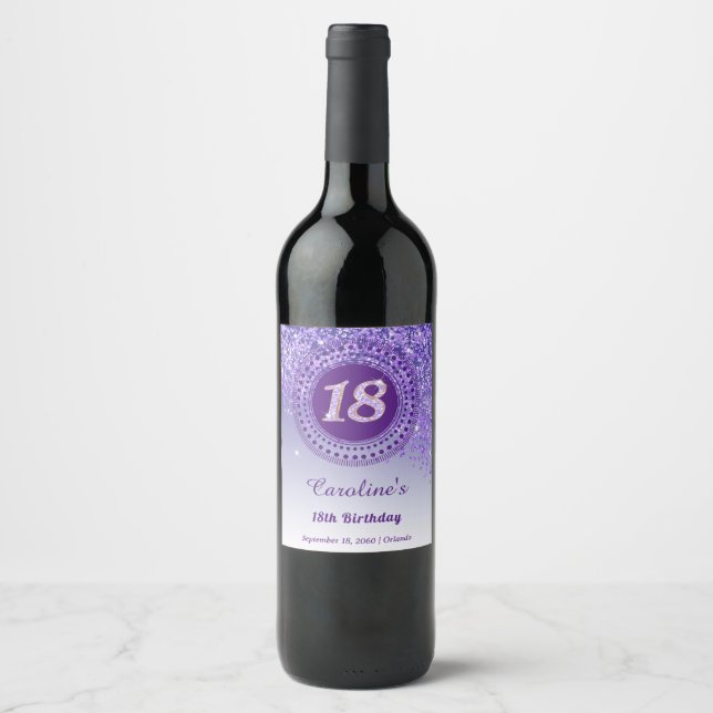 Stylish Falling Purple Glitter 18th Birthday Wine Label (Front)