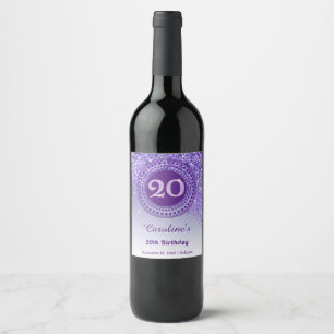 Stylish Falling Purple Glitter 20th Birthday Wine Label
