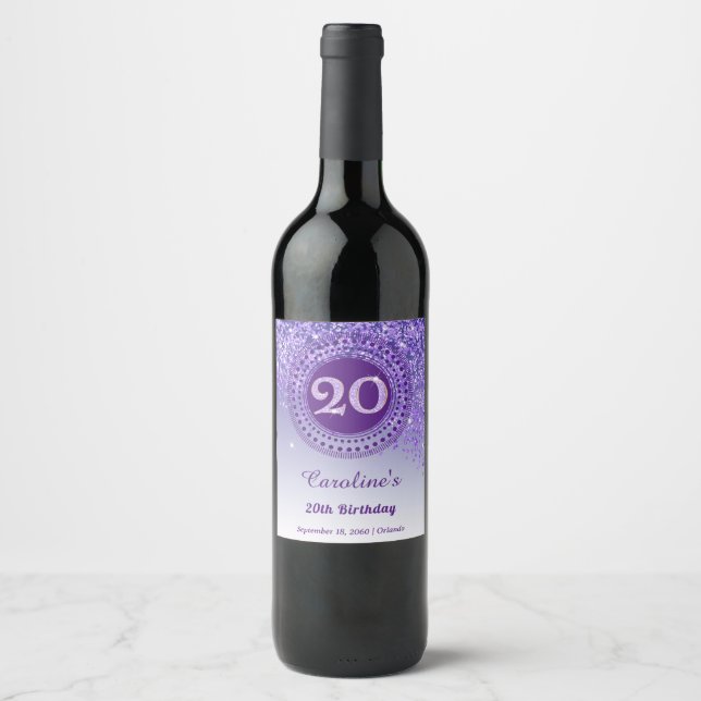 Stylish Falling Purple Glitter 20th Birthday Wine Label (Front)