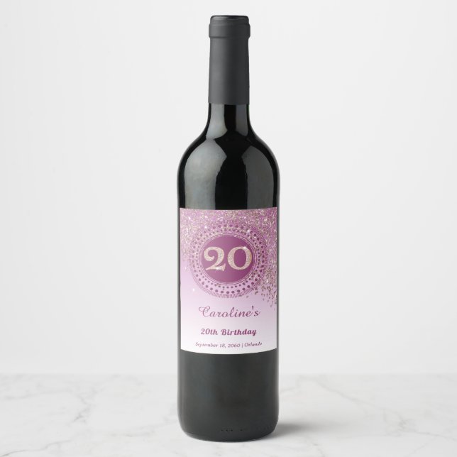 Stylish Falling Rose Gold Glitter 20th Birthday Wine Label (Front)
