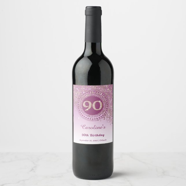 Stylish Falling Rose Gold Glitter 90th Birthday Wine Label (Front)