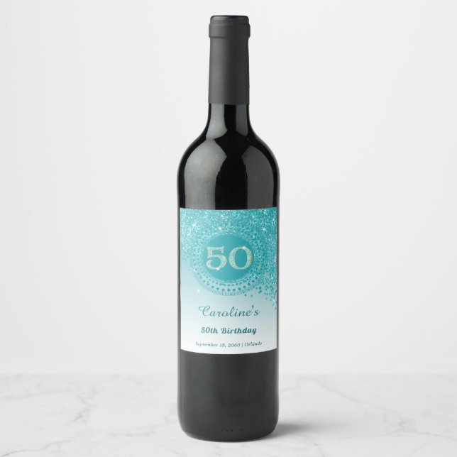 Stylish Falling Teal Blue Glitter 50th Birthday Wine Label (Front)
