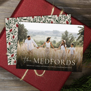 Stylish Family Name Elegant Floral Back Christmas Holiday Card