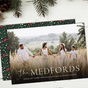Stylish Family Name Elegant Floral Back Christmas Holiday Card