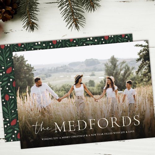 Stylish Family Name Elegant Floral Back Christmas Holiday Card