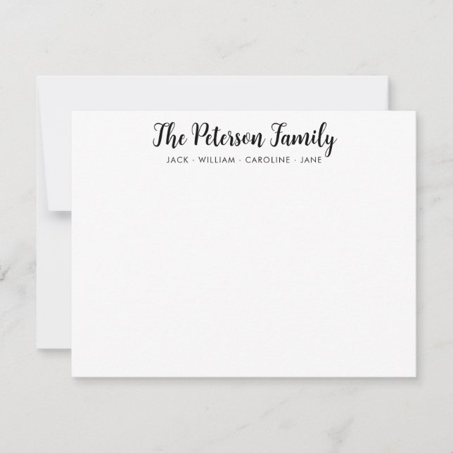 Stylish Family Name Handwritten Black Script Font Note Card (Front)