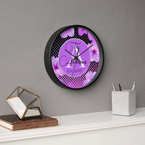 Stylish Family Name Pink Hibiscus  Clock