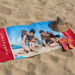 Stylish Family Photo Nautical Seaside Ocean Red Beach Towel<br><div class="desc">Make a splash with this customized photo beach towel. Please personalize with your own family photo and beach town. Background color can be changed under "customize further". This makes a great gift and family keepsake, plus a fantastic addition to your beach house memorabilia. Find more fun summer gift ideas in...</div>