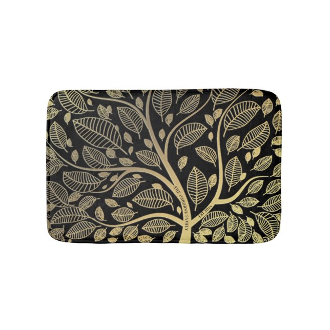 Stylish Family Tree Black Gold Leaves  Bath Mat (Front)