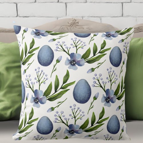 Stylish Farmhouse Blue Green and White Floral  Throw Pillow