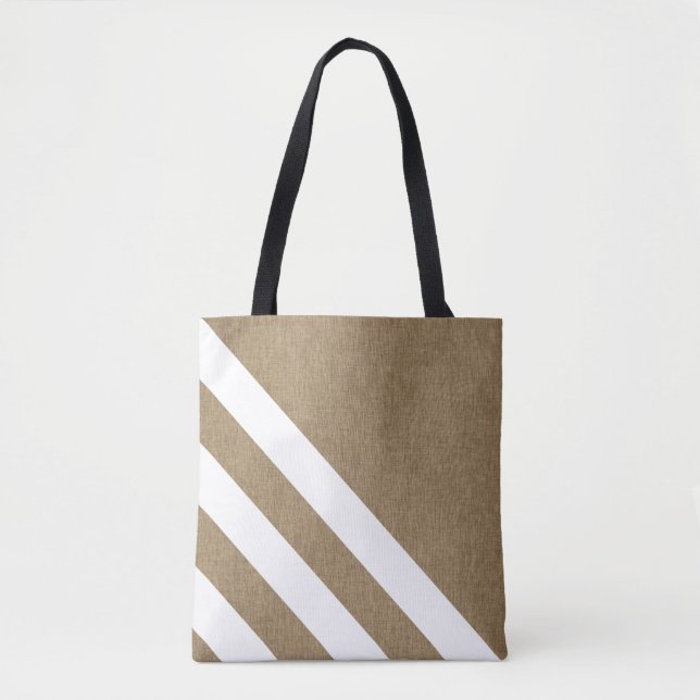 Stylish Faux Burlap White Stripes Tote Bag (Front)