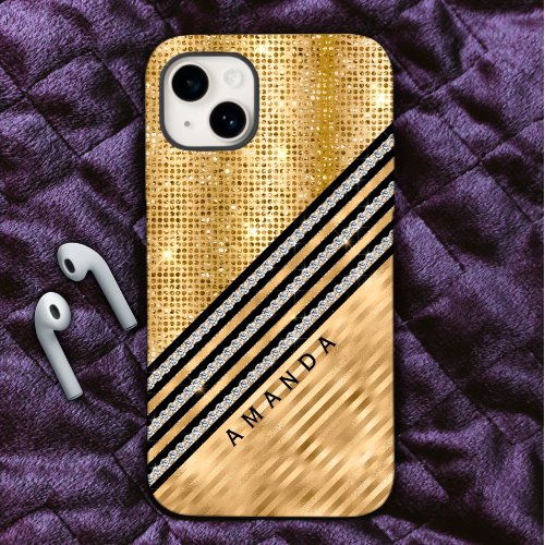 Stylish faux Crystal and Gold glitter Personalised iPhone 15 Case