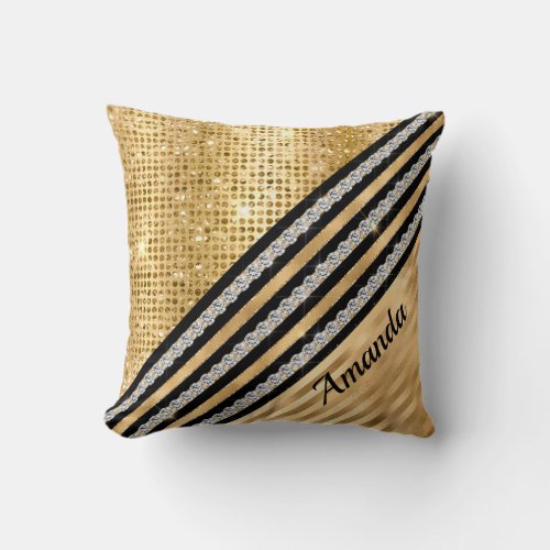Stylish faux Crystal and Gold glitter Personalised Throw Pillow