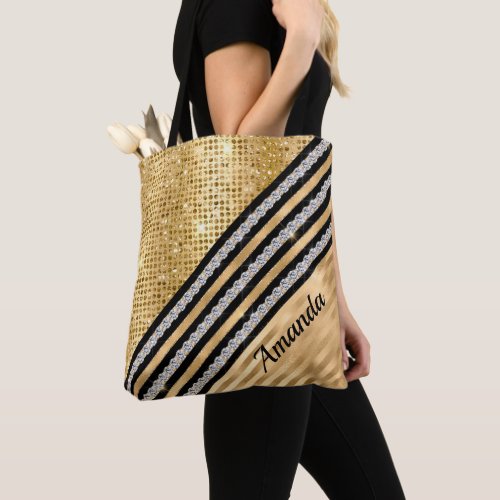 Stylish faux Crystal and Gold glitter Personalised Tote Bag