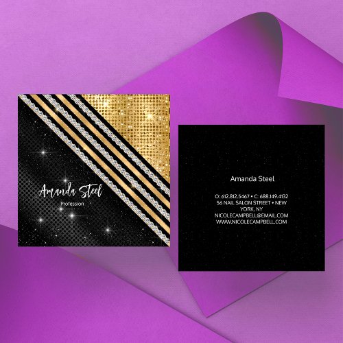 Stylish faux Crystal Gold And black Personalised B Square Business Card