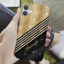 Stylish faux Crystal Gold And black Personalised iPhone 16 Case