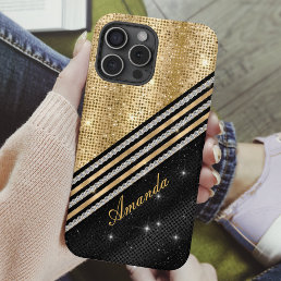 Stylish faux Crystal Gold And black Personalised iPhone 16 Pro Case