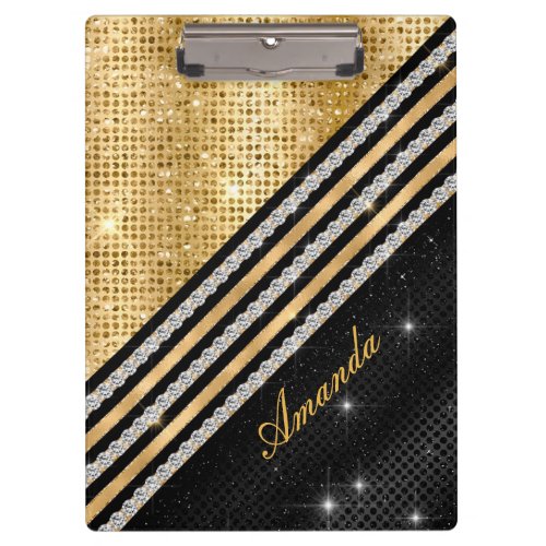 Stylish faux Crystal Gold And black Personalised Clipboard