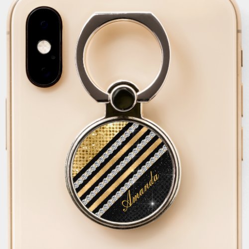 Stylish faux Crystal Gold And black Personalised Phone Ring Stand