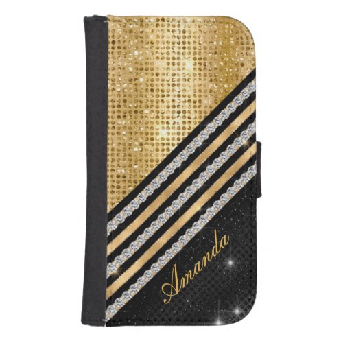 Stylish faux Crystal Gold And black Personalised Galaxy S4 Wallet Case